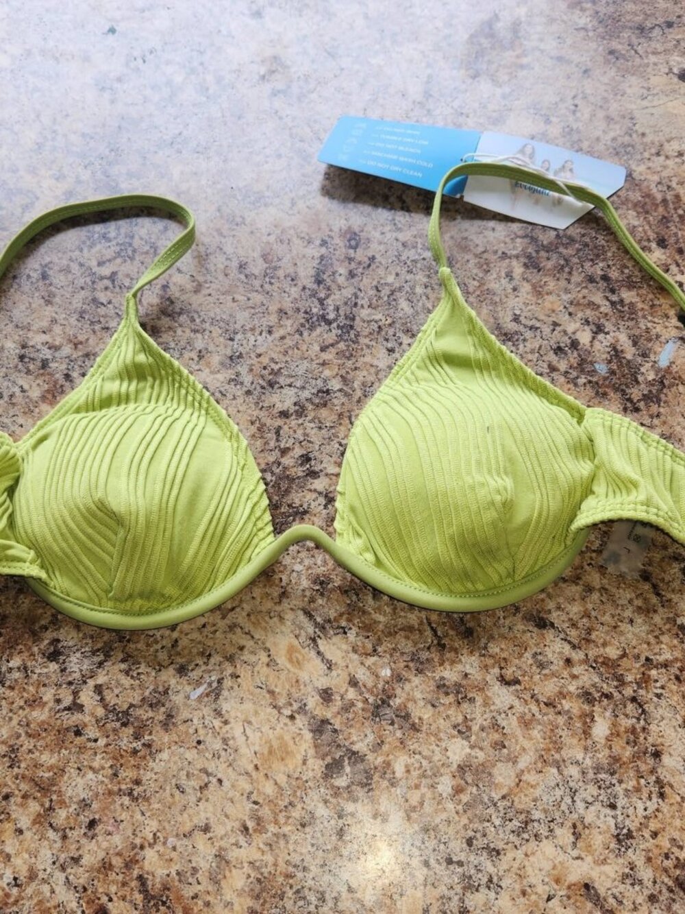 New L Women's Green Ribbed Bathing Suit Bikini Top